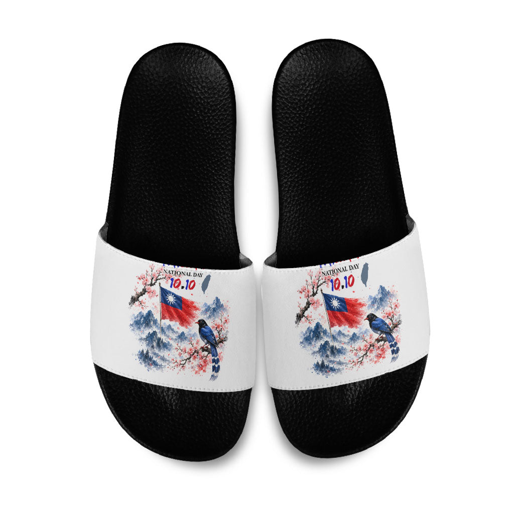 Taiwan National Day Formosan Black Bear Slide Sandals Double Ten Day Watercolor Landmarks Art