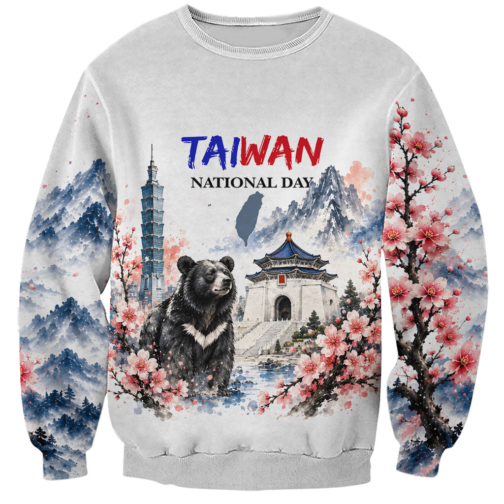 Taiwan National Day Formosan Black Bear Sweatshirt Double Ten Day Watercolor Landmarks Art