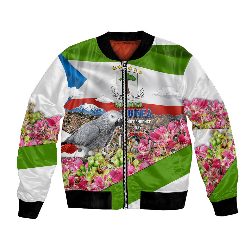 Equatorial Guinea Independence Day Parrot Bomber Jacket Patriotic Flag Coat Of Arms Tropical Floral