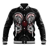 Black unisex baseball jacket with white ribbed collar and front Viking shieldmaiden graphic
