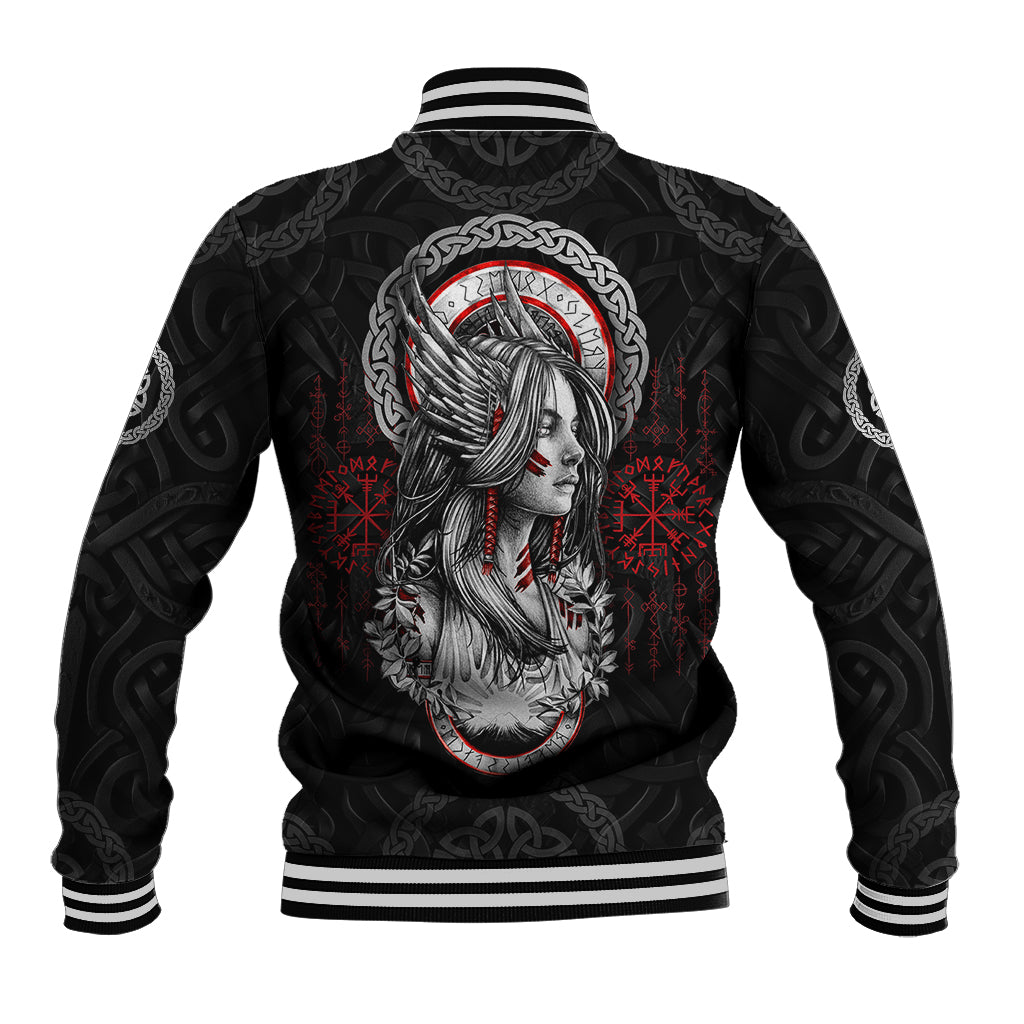 Black unisex baseball jacket with white ribbed hem and back Viking shieldmaiden portrait