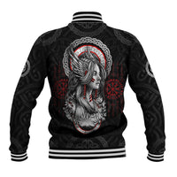 Black unisex baseball jacket with white ribbed hem and back Viking shieldmaiden portrait