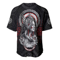 Black baseball jersey front with side-profile Viking woman print, red rune accents