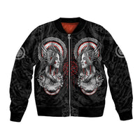 Black bomber jacket with front zip and Viking woman graphic on chest