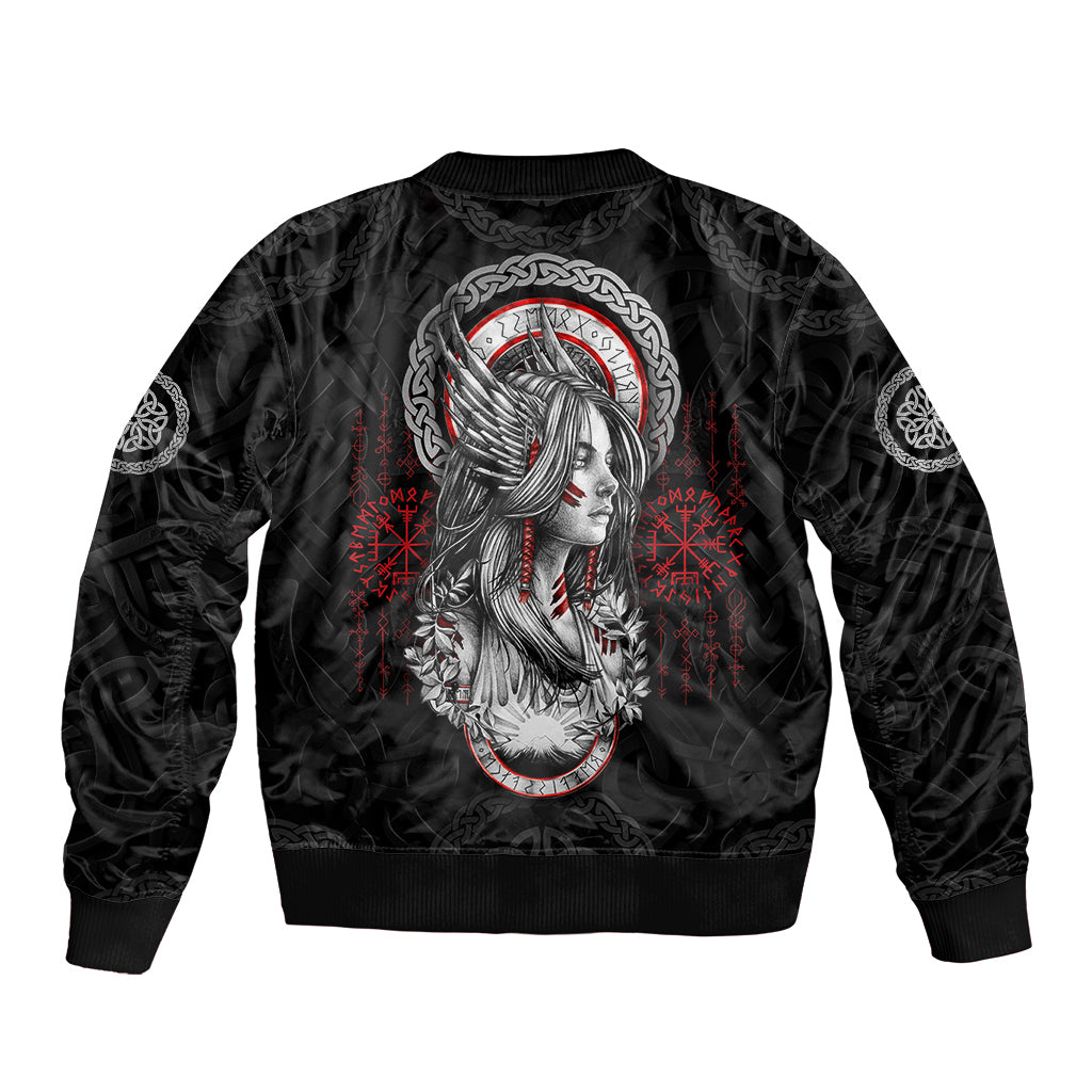 Black bomber jacket with back Viking woman graphic and circular emblem