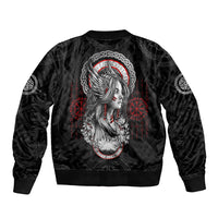 Black bomber jacket with back Viking woman graphic and circular emblem