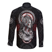 Black long-sleeve button shirt with shieldmaiden portrait, red compass symbols