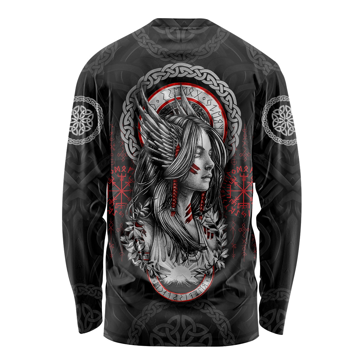 Black long-sleeve Viking shirt with single female warrior compass Vegvisir design
