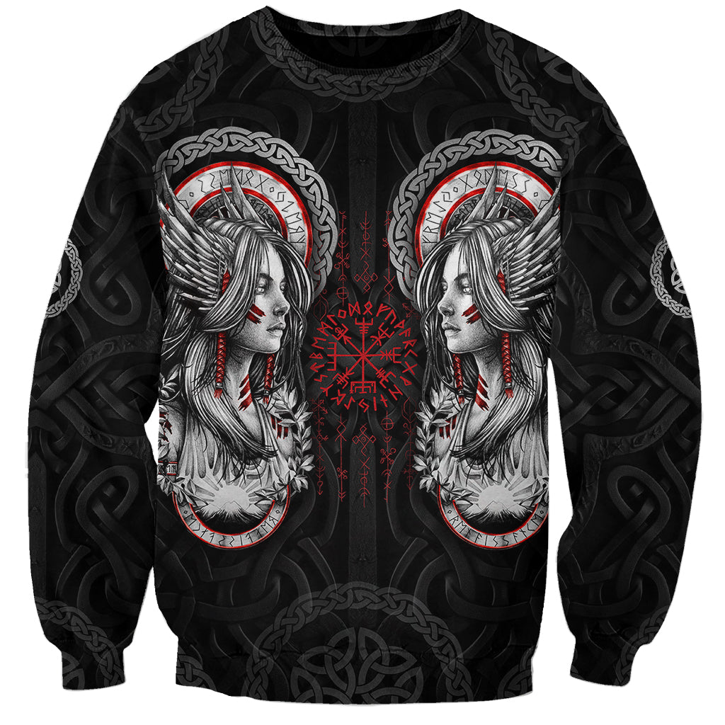 Black unisex sweatshirt with Viking compass-style graphic and red accents on front