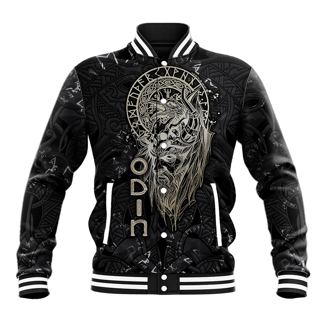 Black varsity baseball jacket with white ribbed collar and cuffs, Odin wolf front graphic