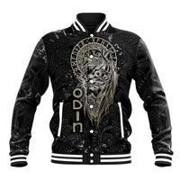 Black varsity baseball jacket with white ribbed collar and cuffs, Odin wolf front graphic
