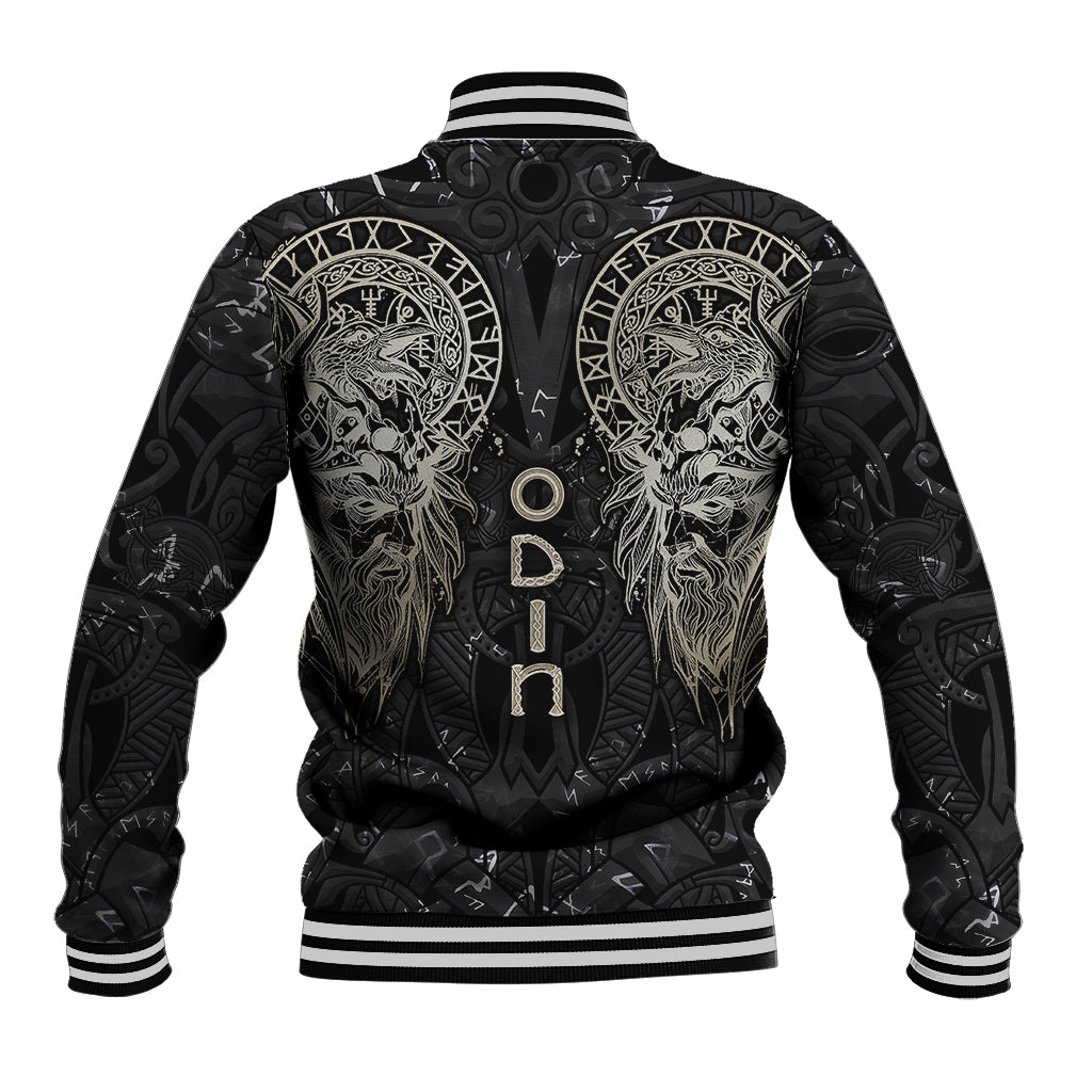 Black varsity baseball jacket with white striped cuffs, large back Odin wolf emblem