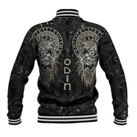 Black varsity baseball jacket with white striped cuffs, large back Odin wolf emblem