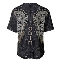 Black baseball jersey back with large white Odin-style rune and dragon graphic