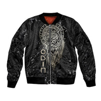 Unisex black bomber jacket with front zipper and large white Viking rune artwork