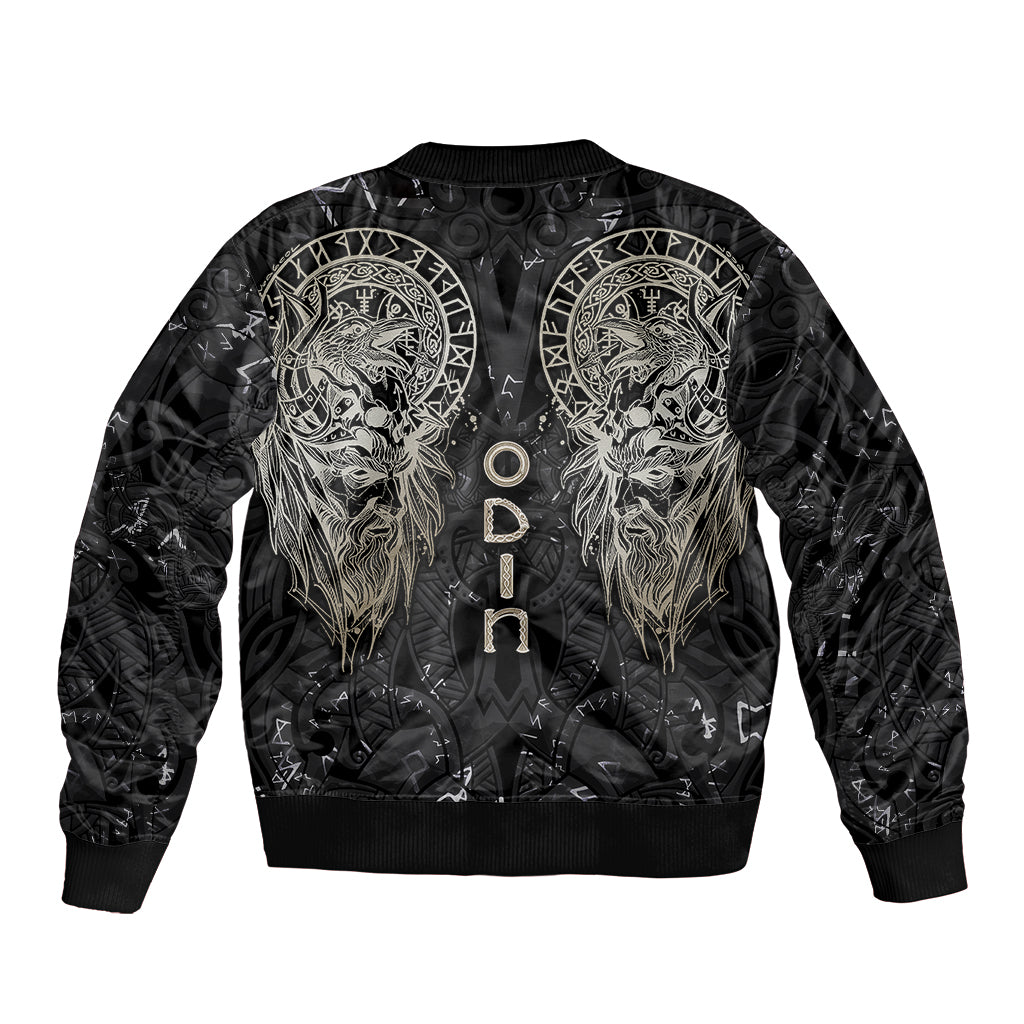 Unisex black bomber jacket with wide white Viking head medallions and ribbed hem