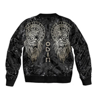 Unisex black bomber jacket with wide white Viking head medallions and ribbed hem