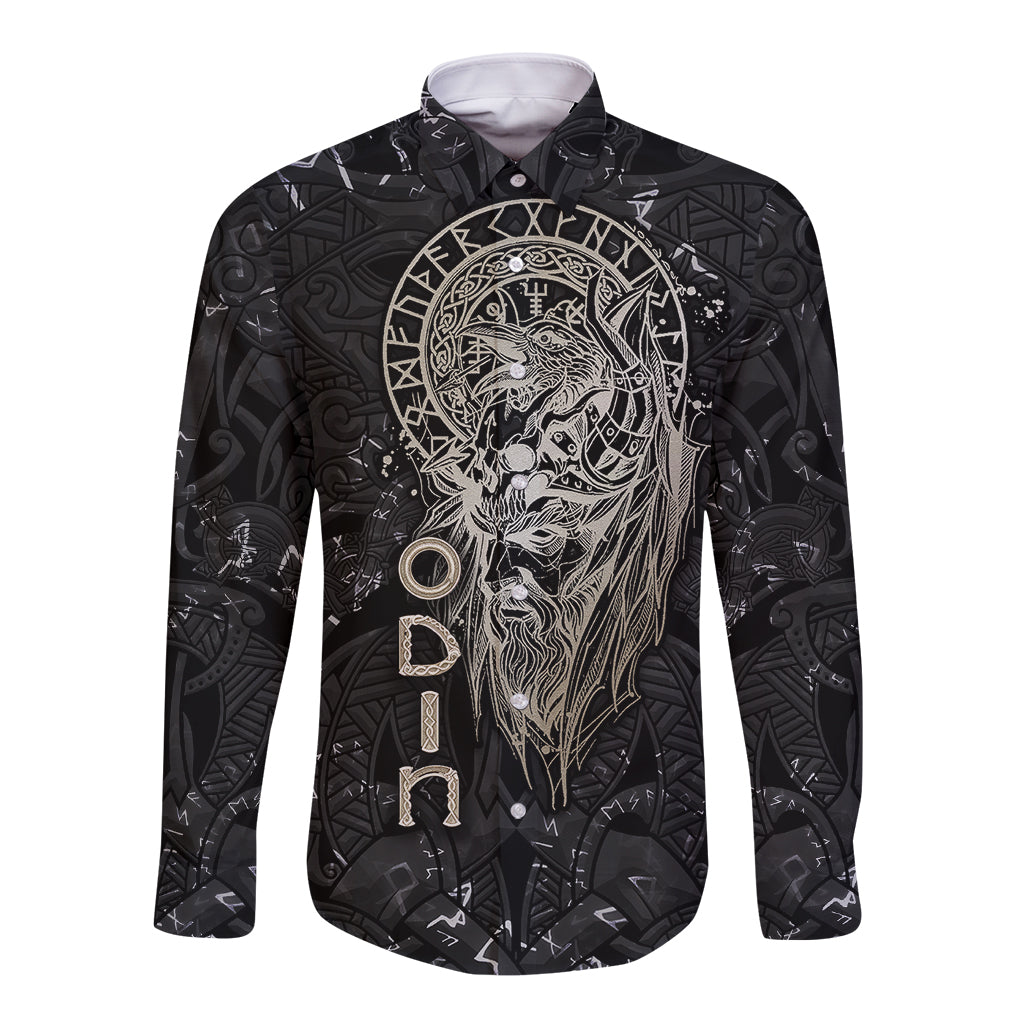 Black long sleeve button shirt with white Odin emblem and vertical rune graphic at center
