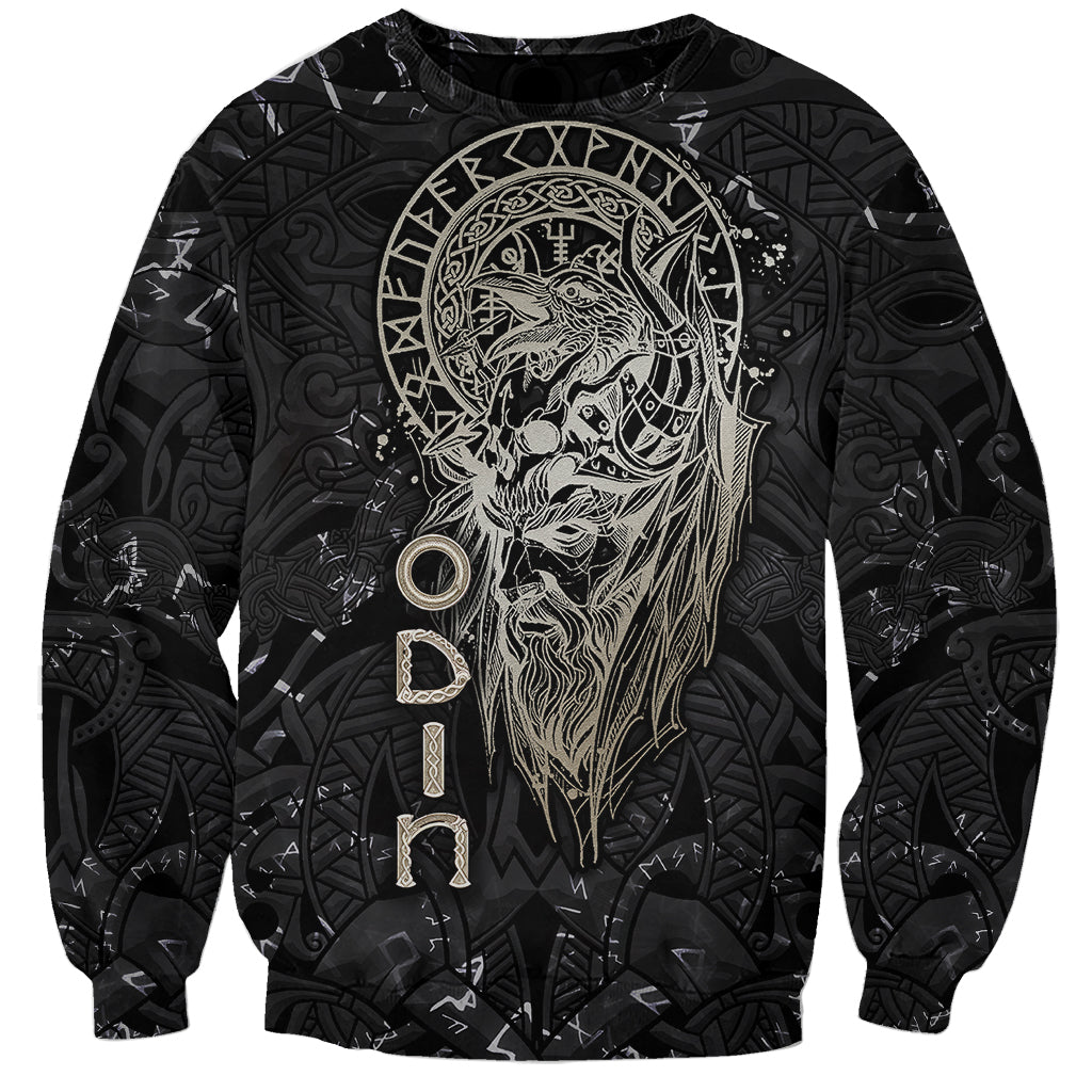 Black unisex sweatshirt with large Odin-style wolf graphic and vertical runes on front
