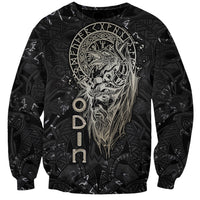Black unisex sweatshirt with large Odin-style wolf graphic and vertical runes on front