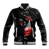 Black skull baseball jacket with front graphic, snap buttons, striped ribbed cuffs