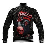 Black skull baseball jacket, back print with red spiderweb, ribbed collar and hem