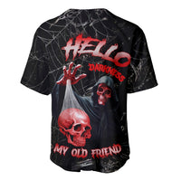 Black baseball jersey back with red lettering, skulls, and web graphic