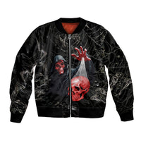 Black unisex bomber jacket with zipper; skull, red character, and web graphic