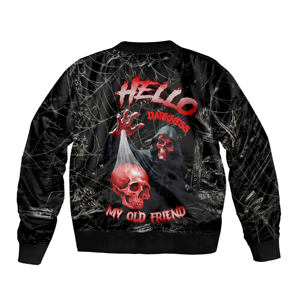 Black unisex bomber jacket with back print; skull, red DARKNESS lettering, and web pattern