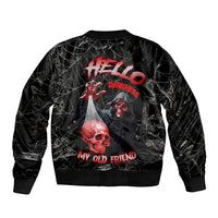 Black unisex bomber jacket with back print; skull, red DARKNESS lettering, and web pattern