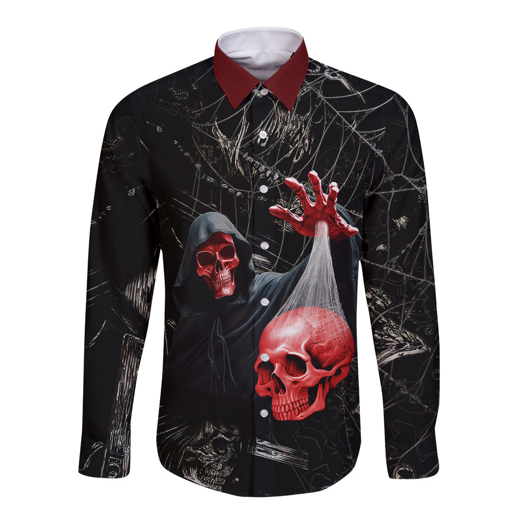 Black long-sleeve button shirt with red skull and spiderweb graphic, point collar