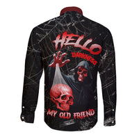 Black long-sleeve button shirt, back graphic with red skulls, Hello Darkness text, spiderweb