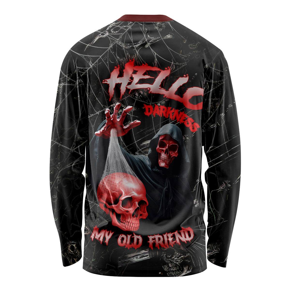 Unisex black long-sleeve skull graphic shirt, back print with HELLO DARKNESS text