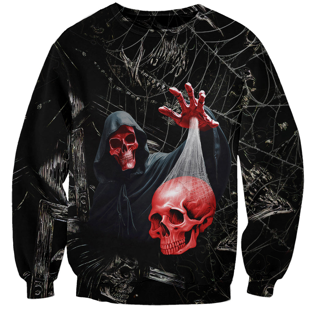 Unisex black skull graphic sweatshirt with hooded figure, spiderweb, red hands and skulls