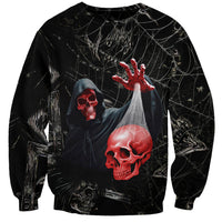 Unisex black skull graphic sweatshirt with hooded figure, spiderweb, red hands and skulls