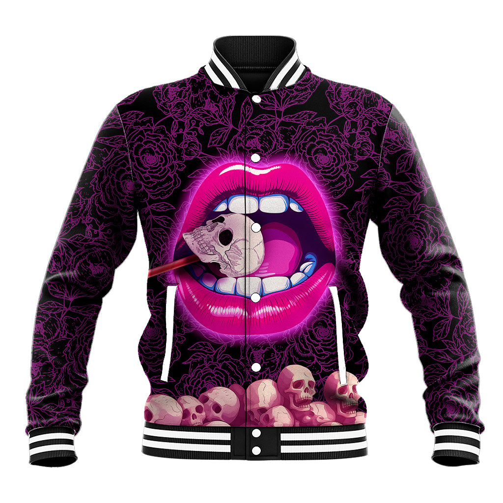 Purple baseball jacket with neon pink lip graphic, skulls, snap buttons, striped trim hem and cuffs