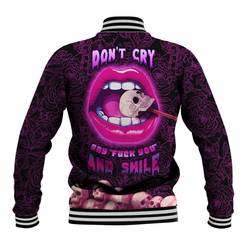 Purple skull baseball jacket with neon pink lip graphic, button front, striped collar and cuffs