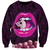 Unisex dark purple sweatshirt with large pink lips graphic, skull, and 'Smile' text