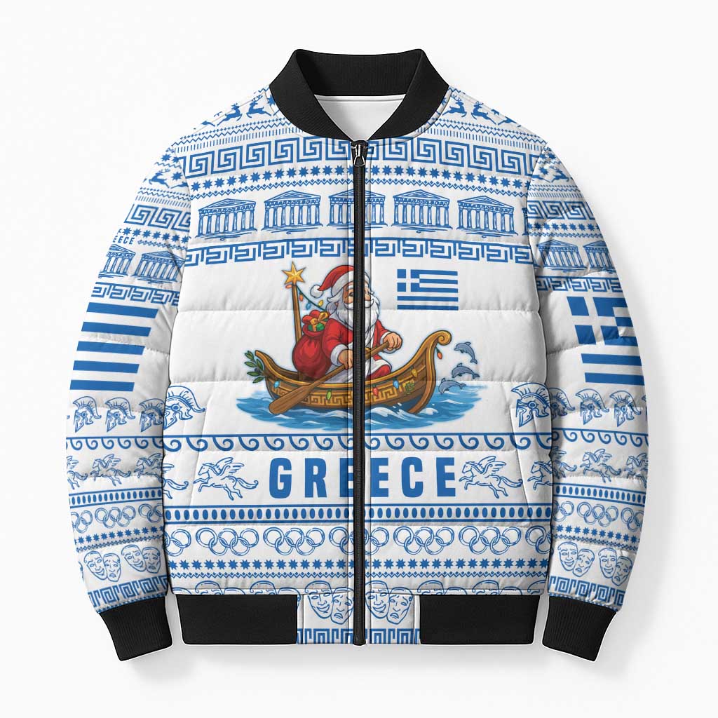 Greece Christmas Bomber Puffer Jacket with Santa Rowing Boat Greek Flag Laurel Wreath Parthenon and Blue White Pattern Design - Wonder Print Shop