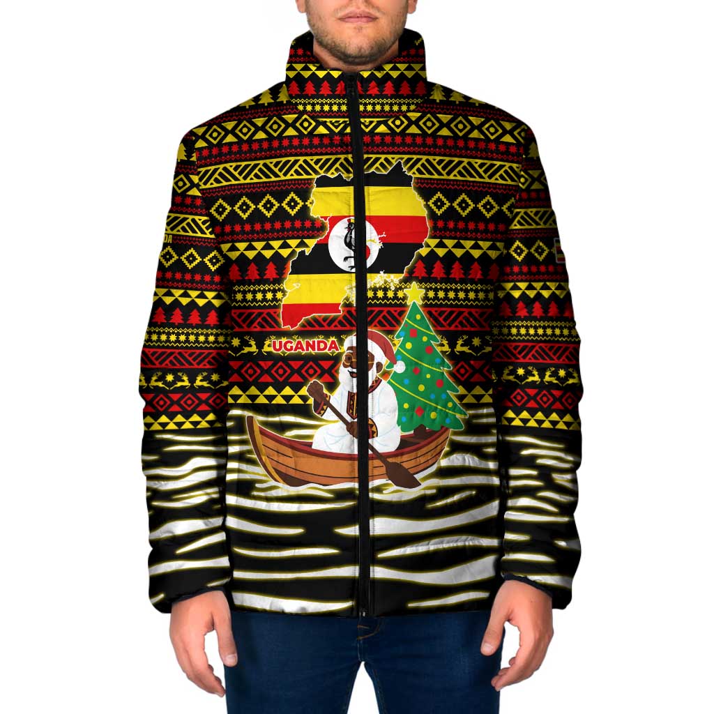 Uganda Christmas Padded Jacket with Santa in Canoe Christmas Tree Uganda Map Flag and Black Red Yellow Tribal Pattern Design - Wonder Print Shop