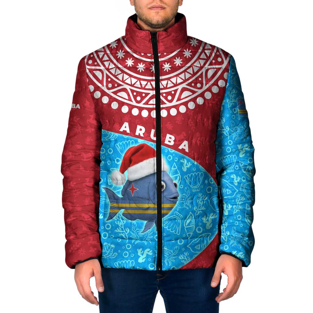 Aruba Christmas Padded Jacket with Santa Fish Aruba Flag Ocean Icons and Red Blue Holiday Pattern Design - Wonder Print Shop