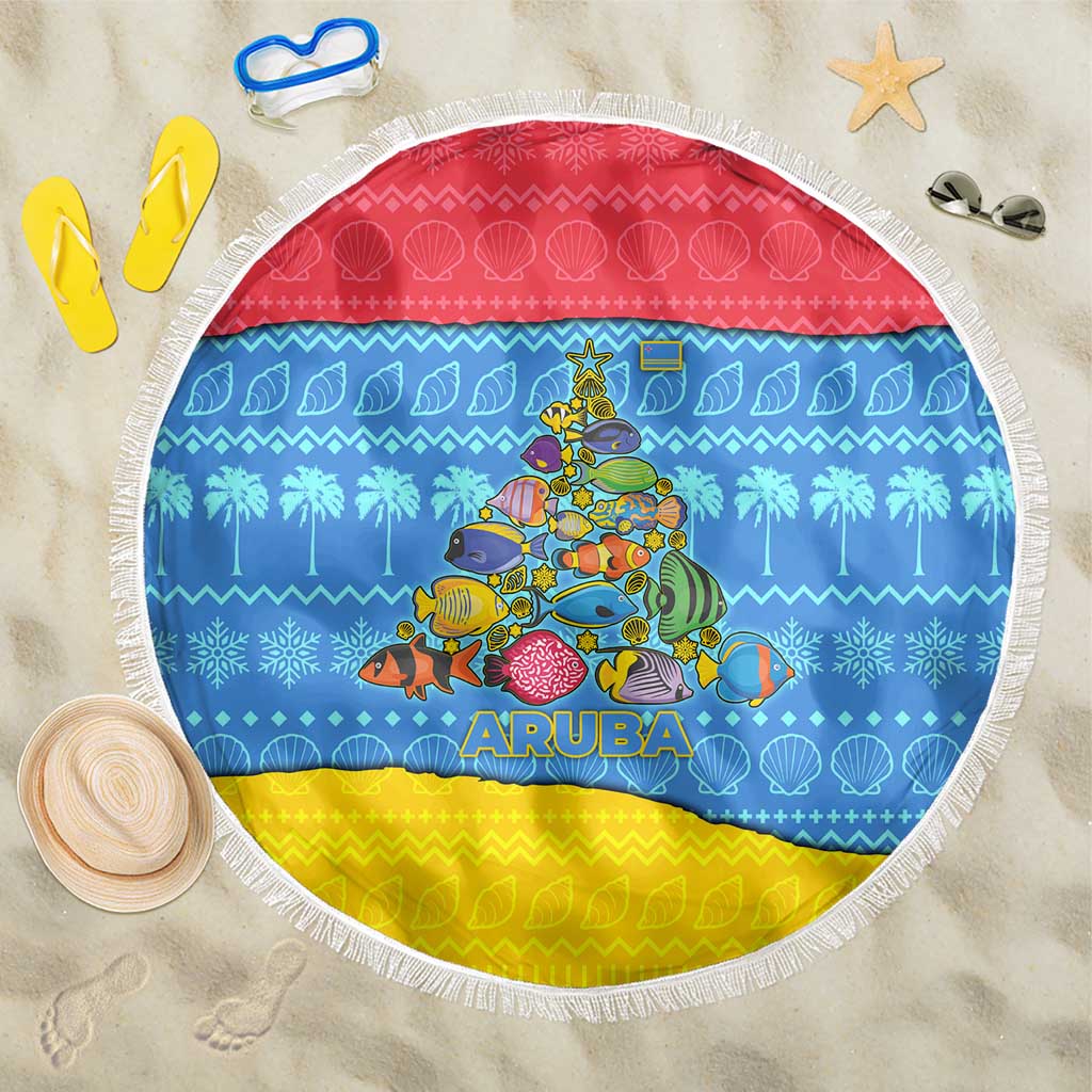 Aruba Christmas Beach Blanket with Fish Christmas Tree Aruba Flag and Red Blue Yellow Tropical Pattern Design - Wonder Print Shop