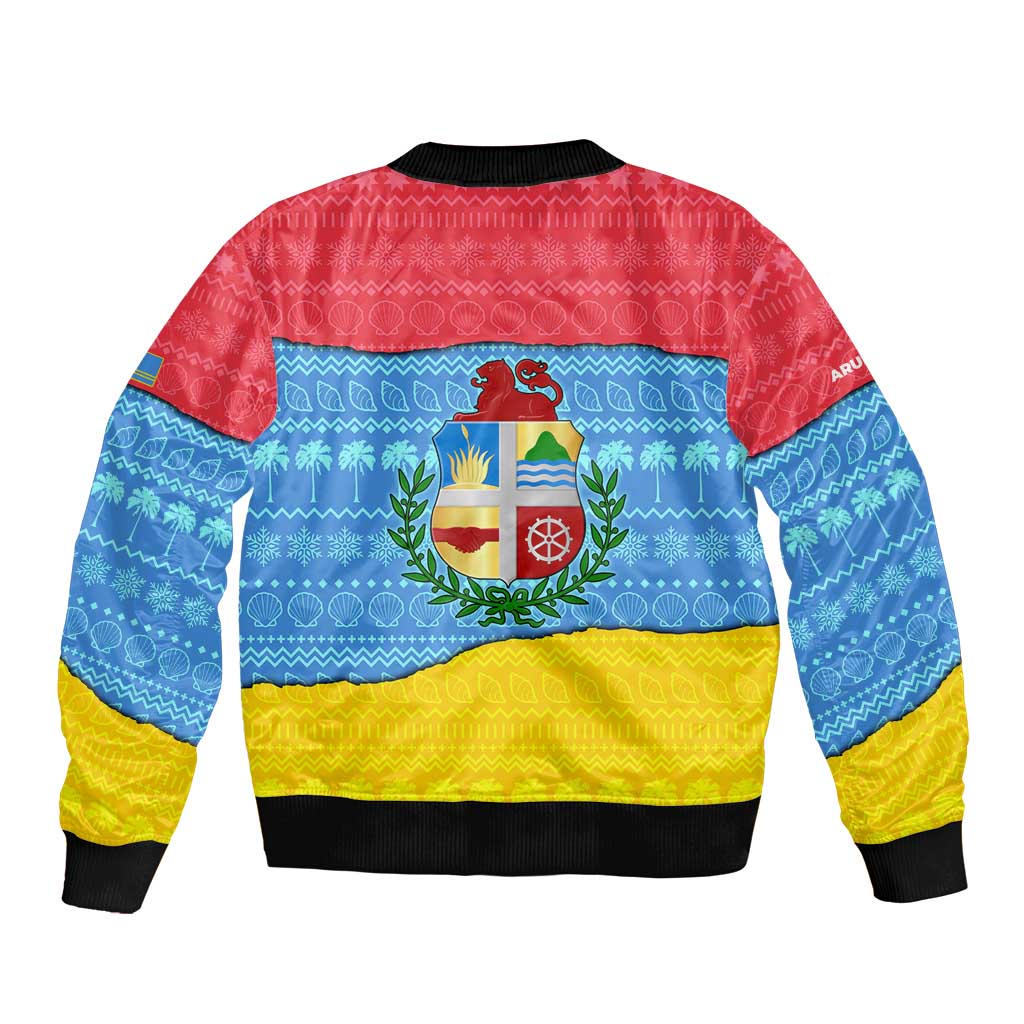 Aruba Christmas Bomber Jacket with Fish Christmas Tree Aruba Flag and Red Blue Yellow Tropical Pattern Design - Wonder Print Shop
