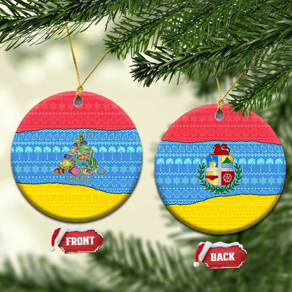 Aruba Christmas Ceramic Ornament with Fish Christmas Tree Aruba Flag and Red Blue Yellow Tropical Pattern Design - Wonder Print Shop