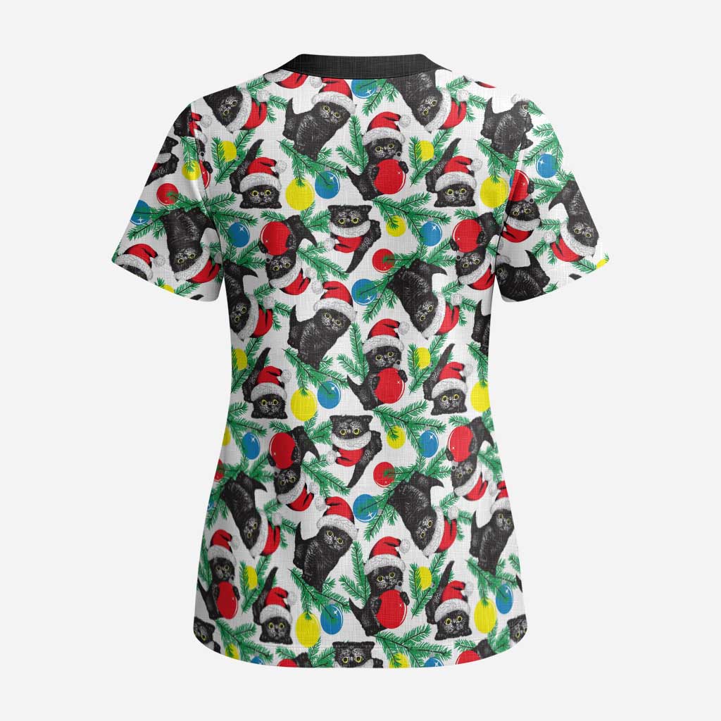 Black Cat Christmas Christmas Scrub Top Xmas Holiday Patterns - Wonder Print Shop