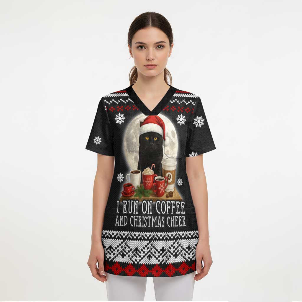 Black Cat Run On Coffee Scrub Top Xmas Holiday Patterns - Wonder Print Shop