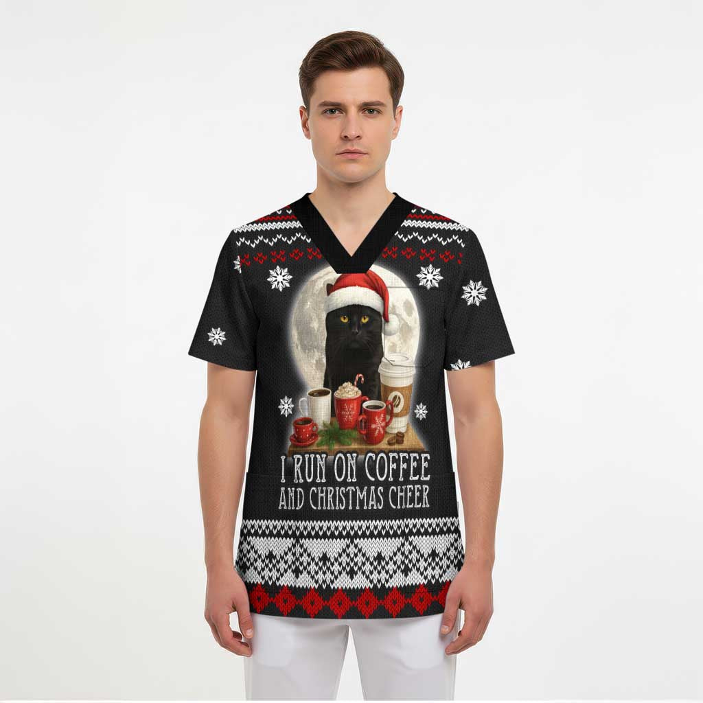 Black Cat Run On Coffee Scrub Top Xmas Holiday Patterns - Wonder Print Shop