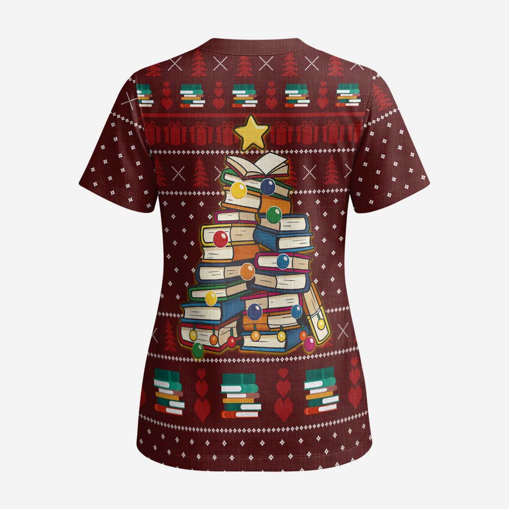 Book Pine Merry Christmas Scrub Top Xmas Holiday Patterns - Wonder Print Shop