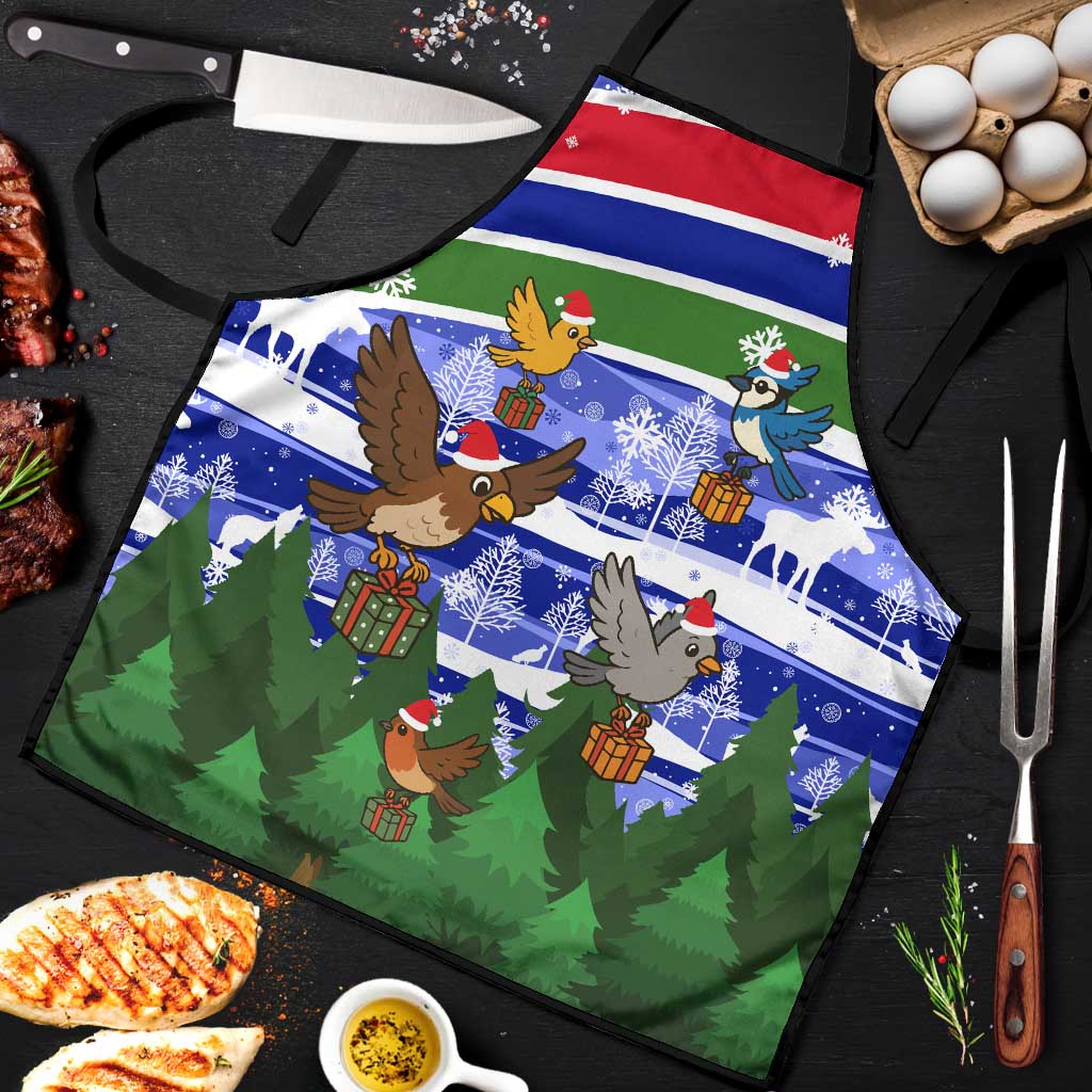 Gambia Christmas Apron with Santa Birds Gift Boxes Forest Scene and Snowflake Pattern Design - Wonder Print Shop