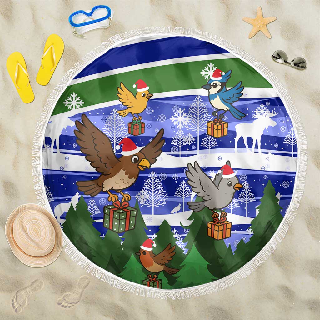 Gambia Christmas Beach Blanket with Santa Birds Gift Boxes Forest Scene and Snowflake Pattern Design - Wonder Print Shop